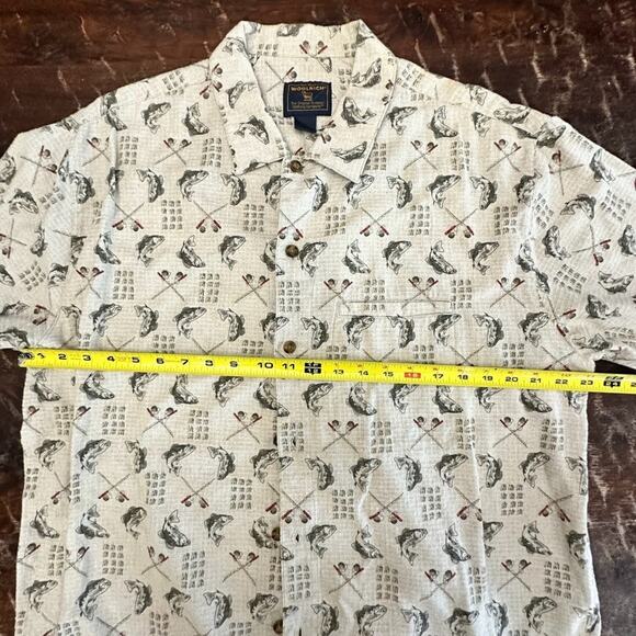 Woolrich Fishing Short Sleeve Shirt L Bass Fish Rod Print Button Up Cotton - Picture 2 of 8